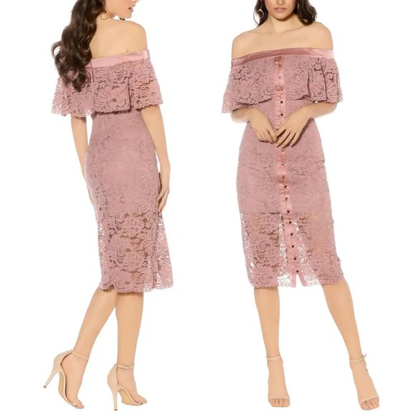 Keepsake The Label Blush Star Crossed Off Shoulder Lace Midi Dress S Mauve Pink - Picture 2 of 15